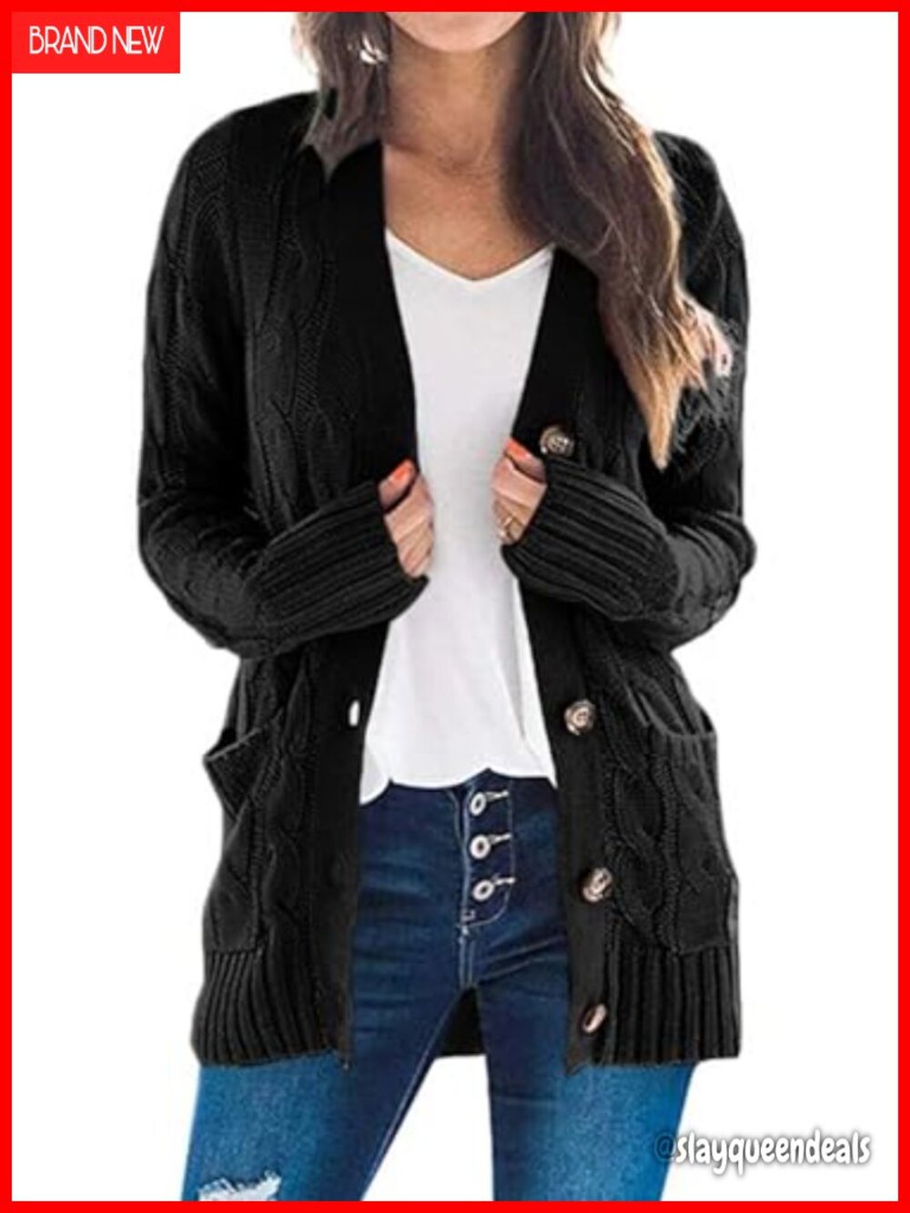 Chunky Cable Knit Button Down Cardigan Long Sleeve V-Neck Sweater